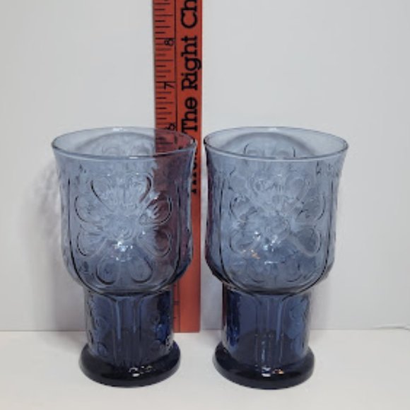 SET OF 2 VINTAGE 1970's LIBBEY BLUE GLASS TUMBLERS COUNTRY GARDEN DAISEY 6" - Picture 2 of 6